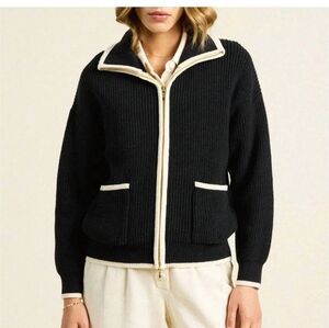 Black Ribbed Zip-Up Jacket with Cream Trim Sz L